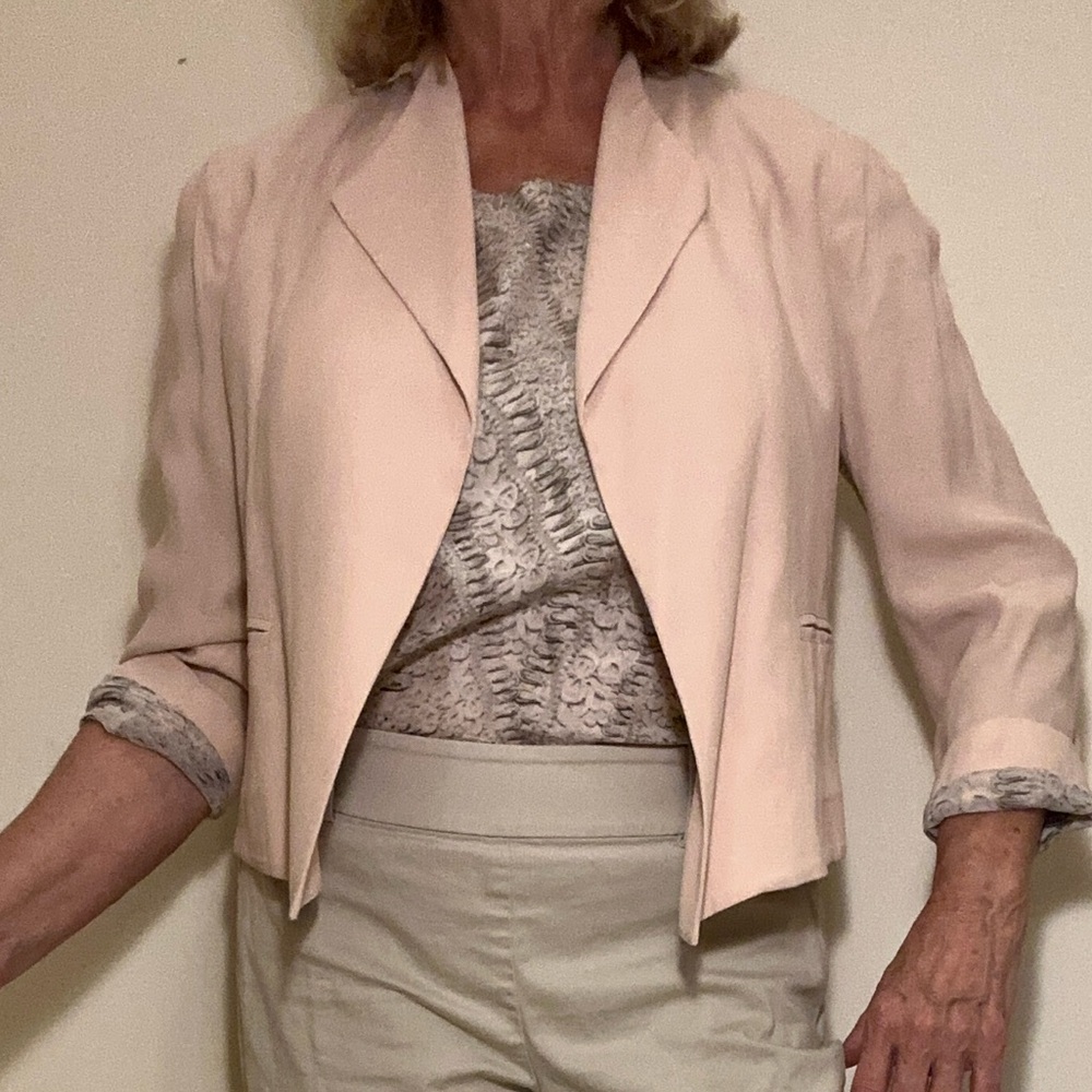 CAbi blush pink flutter jacket and matching silk shell